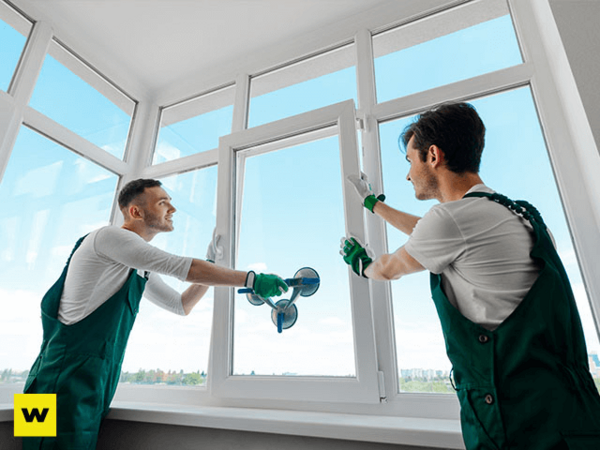 Zwei Handwerker bauen ein modernes Fenster mit Spezialwerkzeug in ein Haus ein.